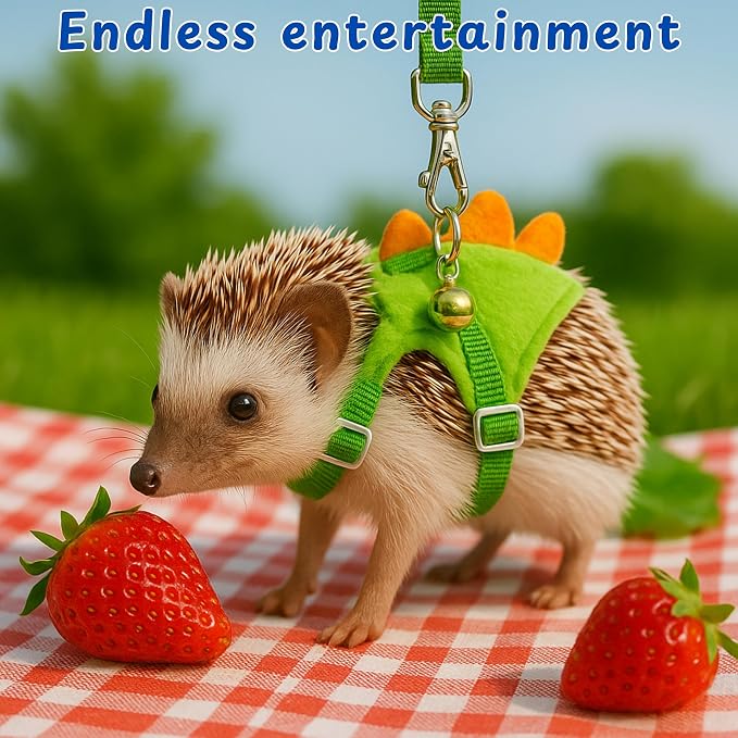 Hedgehog Leash and Harness Clothes Accessories, Dinosaur Shaped Harness Leash for Training Playing, Hamster Clothes for Ferret Guinea Pig Hamster, Hedgehog Accessories, Guinea Pig Outfits (Green)