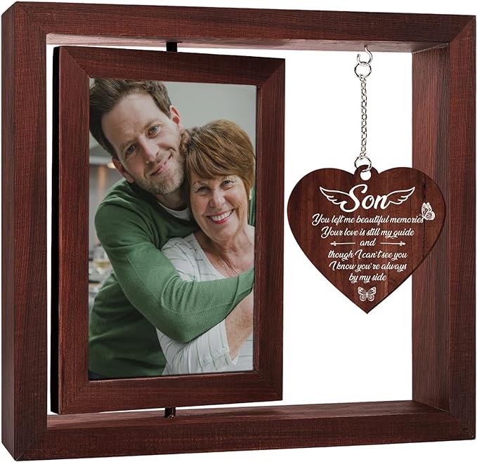 Vetbuosa Memorial Gifts for Loss of Son,Rotating Wooden Picture Frame, Sympathy Gift Keepsake, Healing Grief Gift for Loss of Son, Remembrance for Funerals, Memorial Ceremonies, Fits 4x6 In Photo