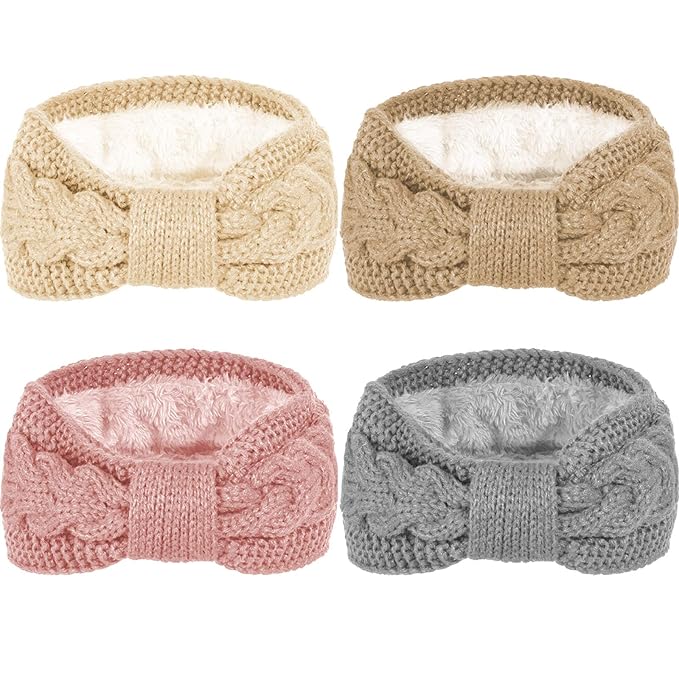 Whaline 4 Pack Twisted Knit Headbands Winter Knotted Head Wraps Fuzzy Lined Headband Thick Crochet Turban Ear Warmer Elastic Hair Band Accessories for Girls Women