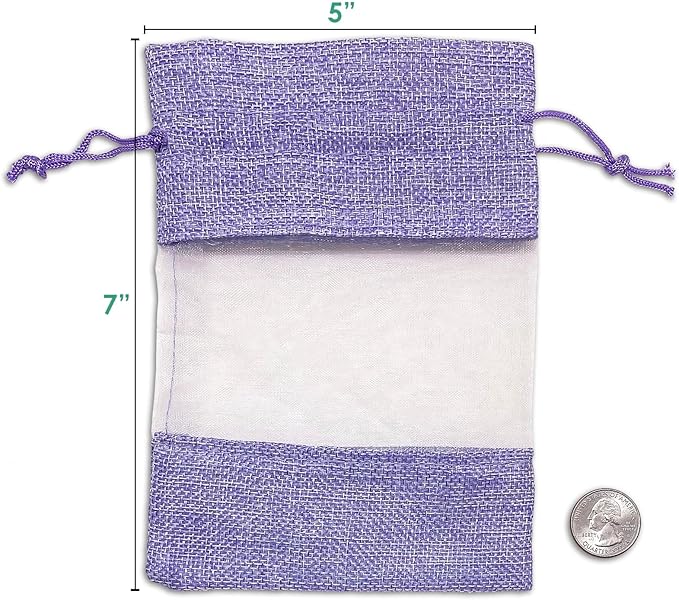 48-Pack Medium Linen Burlap & Organza Gift Bags w. Drawstrings (5x7 in, Lavender) - Party Favors, Presents, Samples & Treats Mesh Pouch by The Display Guys