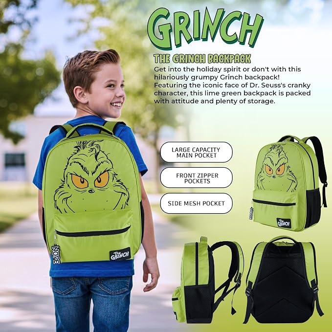 AI ACCESSORY INNOVATIONS Dr. Suess’s The Grinch Backpack for Boys & Girls Featuring a Big Face Grinch, 16”Bookbag w/Molded Nope Dangle, Green