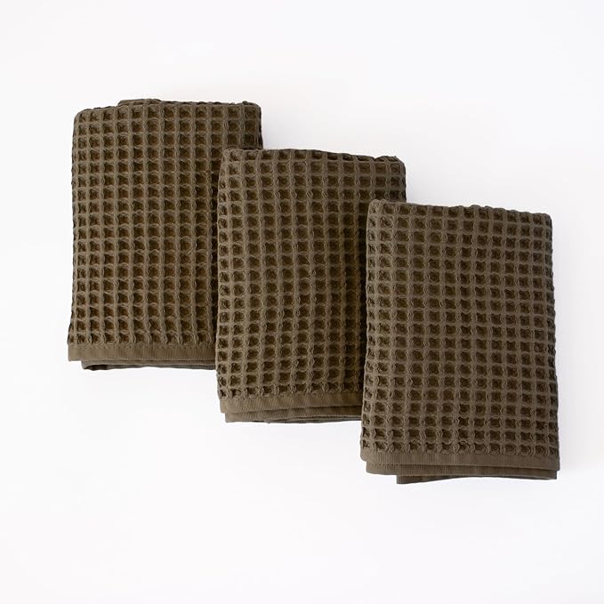 PÜSKÜL - Set of 3 Organic Waffle Hand Towel Khakie - Premium Quality, 100% Turkish Cotton, Soft, Quick-Dry, Absorbent, Lint-Free Face Kitchen Hand Towels (Khaki Green, Hand Towels - Pack of 3)