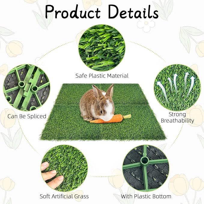 Hamiledyi 6 Pcs Artificial Rabbit Grass Mats Reusable Plastic Bunny Mat 11.8" x 11.8" Washable Turf Fake Grass Guinea Pig Pee Pads for Rabbit Chinchilla Small Pets Indoor Outdoor Trainer