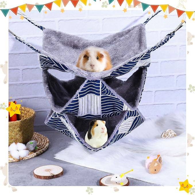3 Tier Ferret Rat Hammock, Guinea Pig Cage Accessories, Blue Check | Rat Hammock for Cage, Pet Cage Hanging Hammock, Small Animals, Guinea Pig, Ferret, Kitten, Squirrel, Chinchilla, Rat, Parrot
