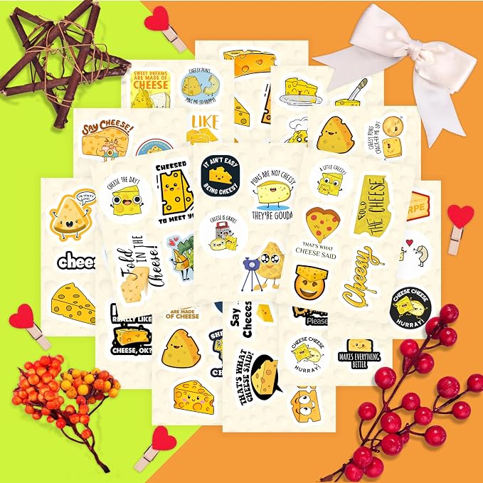 Funny Cheese Stickers for Water Bottle and Laptop - Cheese Party Supplies & Decorations, Waterproof Vinyl Decals, Food Stickers, Gifts for Women & Men