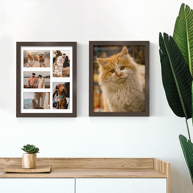 11x14 Collage Picture Frame, 4x6 Collage Picture Frame, Displays Five 4x6 inch Photos, or 11x14 (Without Mat) Wall Decor Wall Hanging or Tabletop, Walnut.