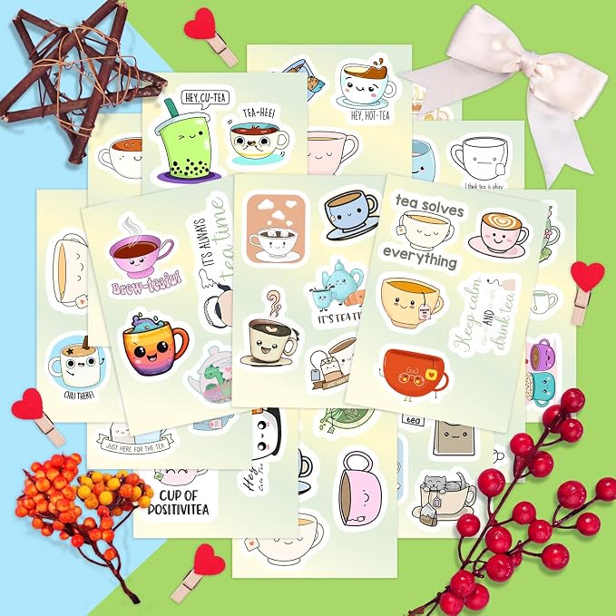 Cute Tea Cup Stickers, Tea Stickers for Water Bottle and Laptop - Tea Cup Party Supplies & Decorations, Waterproof Vinyl Drink Decals, Gifts for Women & Men