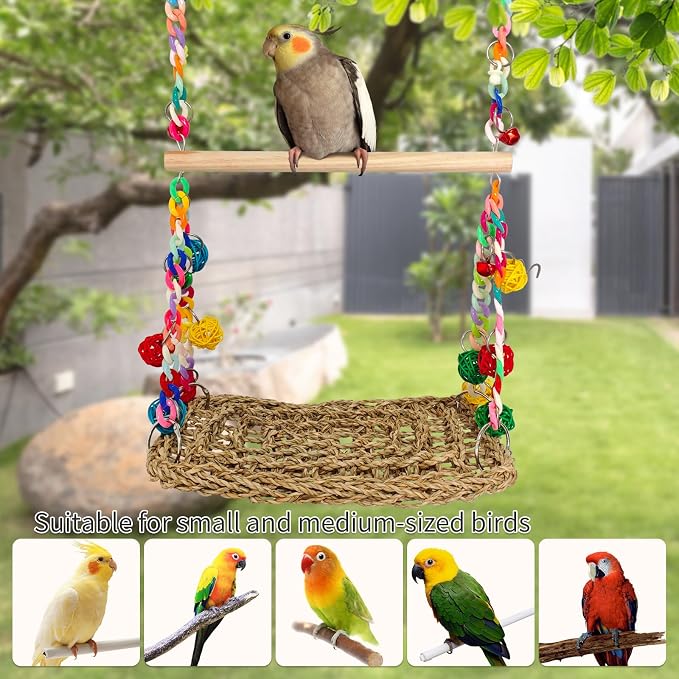 Natural Bird Swing Toys with Wood Perch, Double Layer Bird Seagrass Woven | Climbing Hammock with Chewable Perch Stand Chewing Toy for Parakeets, Budgies, Conures, Cockatiels, Lovebirds