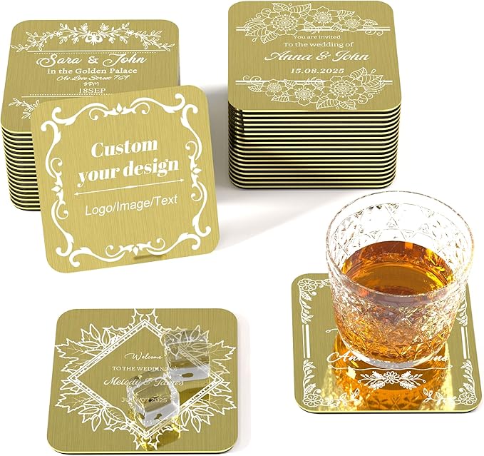Personalized Coasters,Stainless Steel Coaster with Sponge Bottom,Engraved Drink Coasters with Logo/Name, Modern Coasters for Restaurant, Bar, Housewarming or Wedding Gift, Set of 6 (Golden, Square)