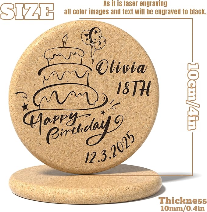 30 Custom Coasters, Personalized Cork Coaster Laser Engraved with Own Design Logo Text, Non-Slip Heat-Resistant Custom Cork Coaster for Wedding, Anniversary, Family Reunion Gifts (Thickend Round)