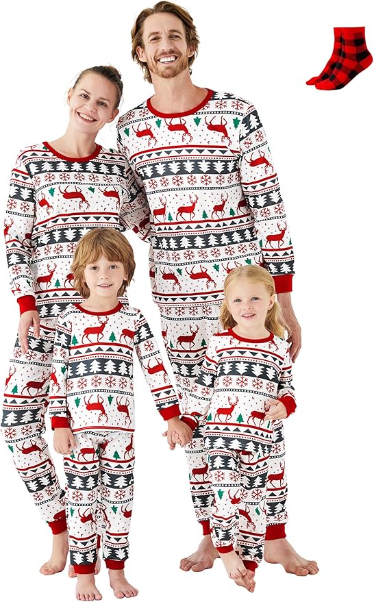 PATPAT Christmas Family Matching Pajama Sets Includes Christmas Socks - Perfect for Family Photos & Holiday Celebrations