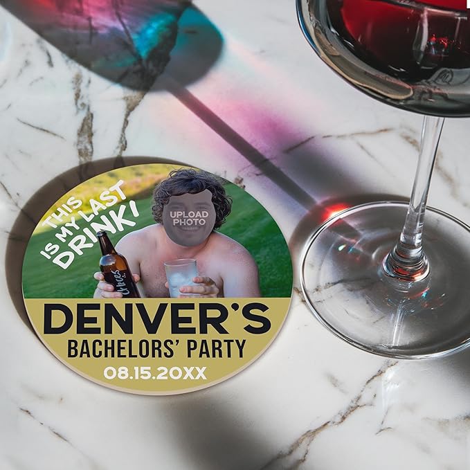 100 Pack Personalized Bachelor Party Coasters, Custom Cardboard Drink Coasters with Photo Print and Text, Fun Bachelor Party Favors and Gifts, 3.95" Round, Design 5