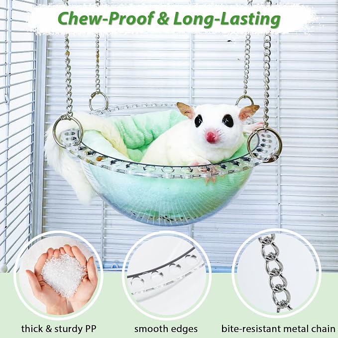 Sugar Glider Hammock for Cage, Transparent Bed for Clear Observation | All-Season Comfort with Removable Pad, Chew Proof Sleeping Pouch, Metal Chain Reinforced Sugar Glider Cage Accessories