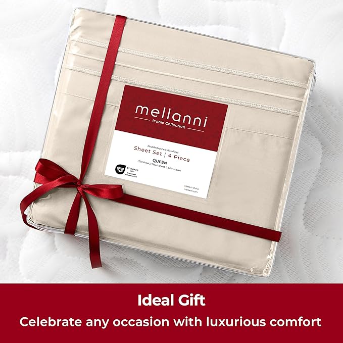 Mellanni Extra Deep Queen Sheets - 4 PC Iconic Collection Bedding - Hotel Luxury, Ultra Soft, Cooling Bed Sheets - Wrinkle, Fade, Stain Resistant (Queen, Beige)