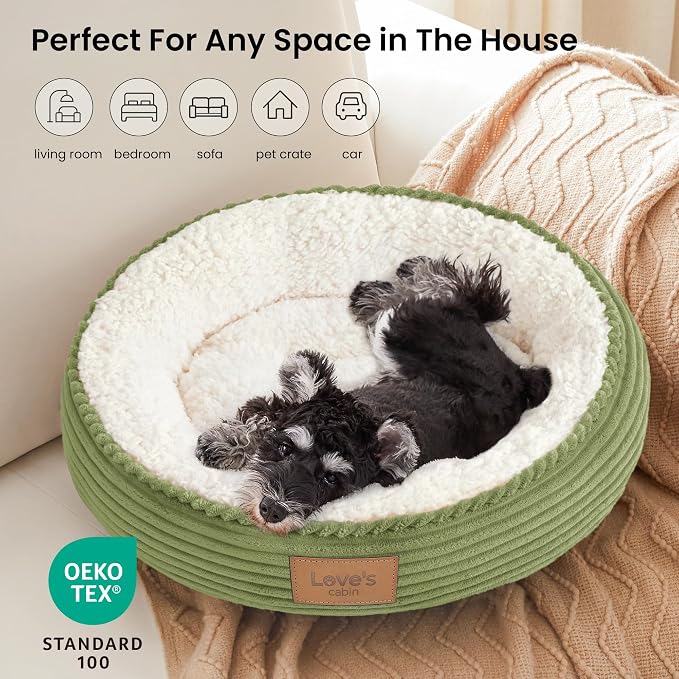 Love's cabin Round Donut Cat and Dog Cushion Bed, 24in Pet Bed for Small or Medium Dogs, Anti-Slip & Water-Resistant Bottom, Soft Durable Fabric Pet Beds, Washable Calming Cat Bed Olive Green