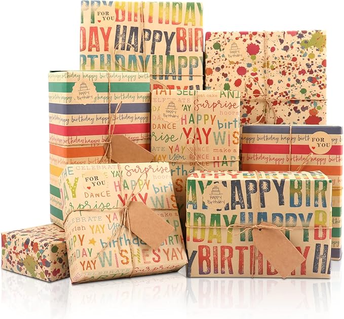 MAMUNU Birthday Wrapping Paper, 8 Sheets Brown Kraft Recycled Gift Wrapping Paper, Colorful Happy Birthday Gift Wrapping Paper Set with Stickers and Tags for Kids Women Men Birthday All Occasions, 20×28 Inch