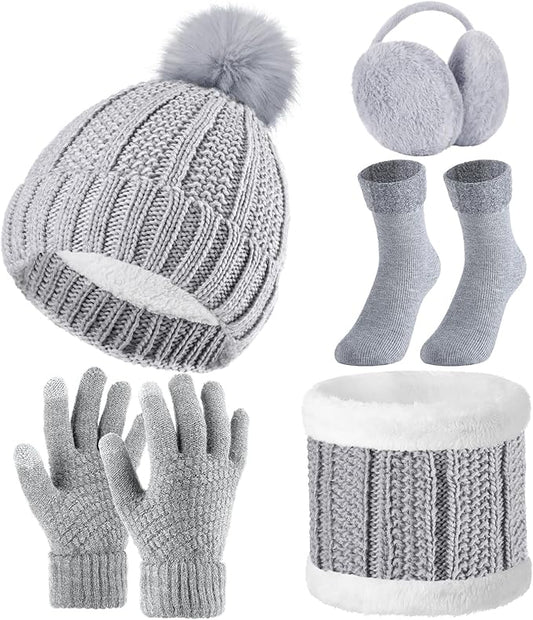 SATINIOR 5 Pcs Winter Hat Scarf Gloves Set Fleece Warm Lined Knit Beanie Hat Touch Screen Earmuff Gloves Warmer for Women(Grey,Classic Style)