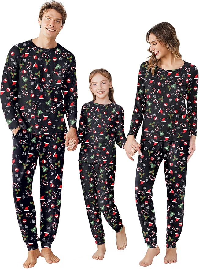 Ekouaer Family Matching Pajamas Christmas Sleepwear Long Sleeve Sleep Shirt with Plaid Pants Soft Loungewear Pjs Set S-XXL