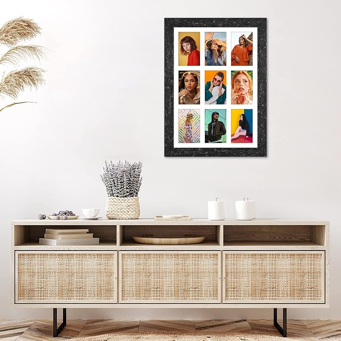13.5x19.5 Picture Frame Display 9 opening 4X6 Picture Frame Collage,Multi Photo Frame with Mat,Plexiglass,Wall or Tabletop Decor,Black Wood Grain