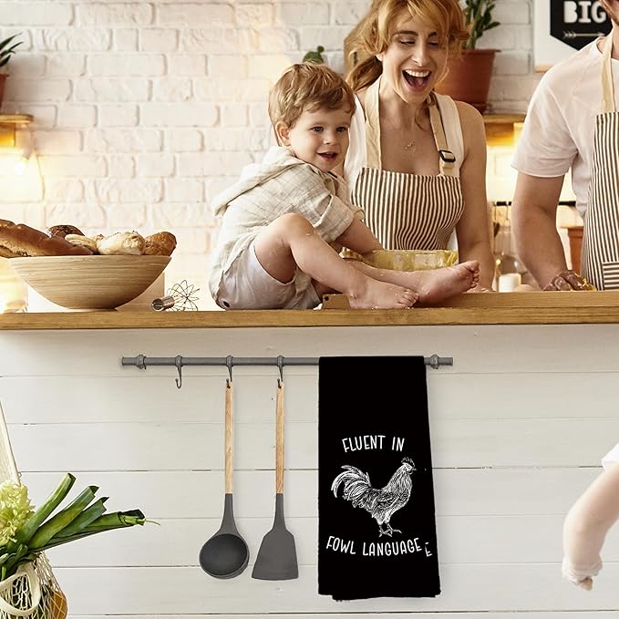Chicken Kitchen Towels Funny Black Dish Towel with Sayings 16x24 Inches, Chicken Lovers Gifts Decorative Absorbent Dishcloths Tea Towels for Kitchen Bathroom Decor, Humorous Gifts for Women Men
