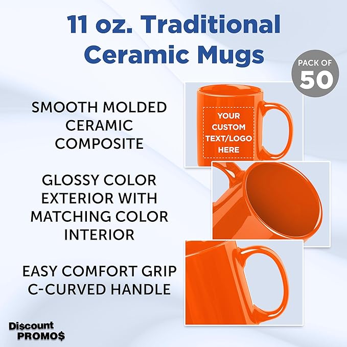 Custom Ceramic Coffee Mugs 11 oz. Set of 50, Personalized Bulk Pack - Coffee cup set, Iced coffee cup, Gaming mug - Orange