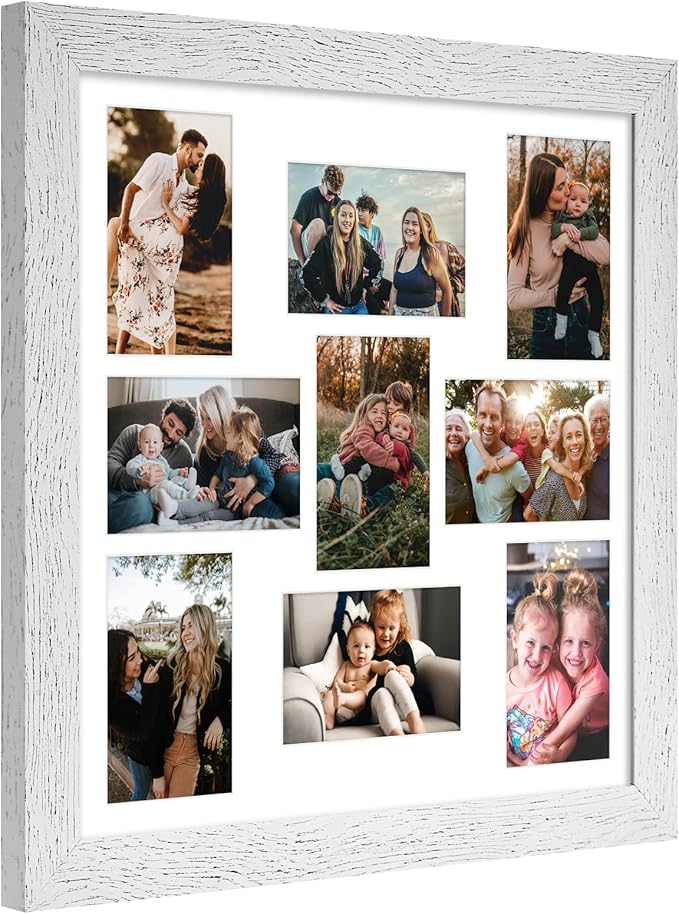 17x17 Picture Frame Display 9 opening 4X6 Picture Frame Collage,Multi Photo Frame with Mat,Plexiglass,Wall Mount Decor,Distressed White Wood Grain