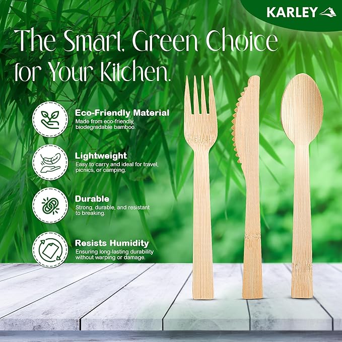 Karley Bamboo Utensils 150Pcs Set – Compostable Cutlery Set for Picnic, Parties – Heavy Duty Disposable Silverware Includes Wooden Spoons for Eating, Forks, Knives – Zero Plastic Disposable Cutlery