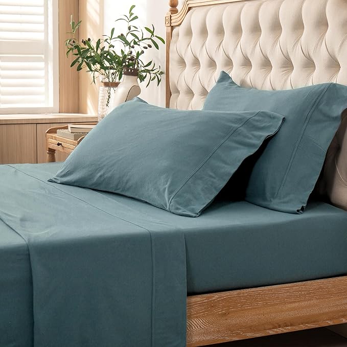 PURE ERA Jersey Knit 4pc Bed Sheet Set 100% T-Shirt Cotton Super Soft Comfy Breathable Fits Mattress Up to 20" Extra Deep Pocket (Solid Cerulean Blue, Queen)