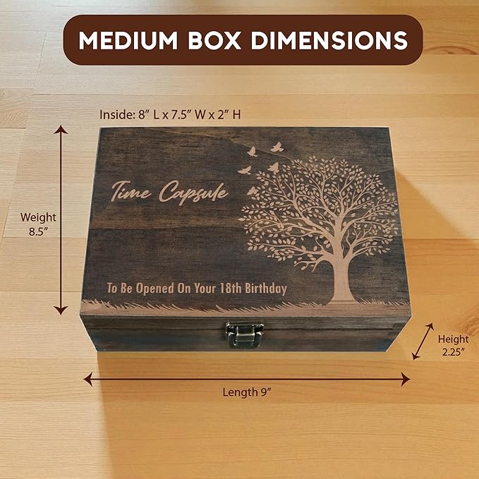 Engraved Time Capsule Memory Box – Wooden Keepsake Box for Graduation, New Year, or Life Events – Medium Size – Dark Walnut – 8.5 x 6 x 3 in