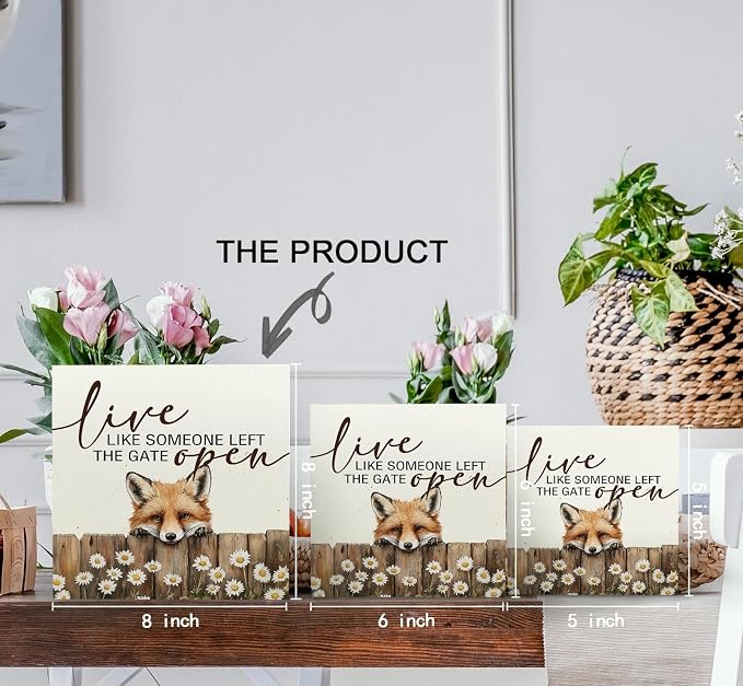 Fox Wooden Box Sign - Rustic Farmhouse Live Like Someone Left the Gate Open Signs for Home Decor,Farm Cottagecore Animal Office Kitchen Bedroom Decor,Fox Gifts for Women Men, 8x8
