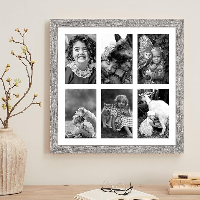 13x13 Collage frame with 6 Openings 4X6 Pictures, Multiple Picture Frame with Mat, Wall or Tabletop Decor, Grey Wood Grain,2 Pack
