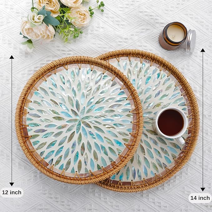 14" Large Rattan Serving Tray with Mother of Pearl, Round Coffee Table Tray Decor, Boho Decorative Round Hand-Woven Wicker Home Decor (Galaxy Blue)
