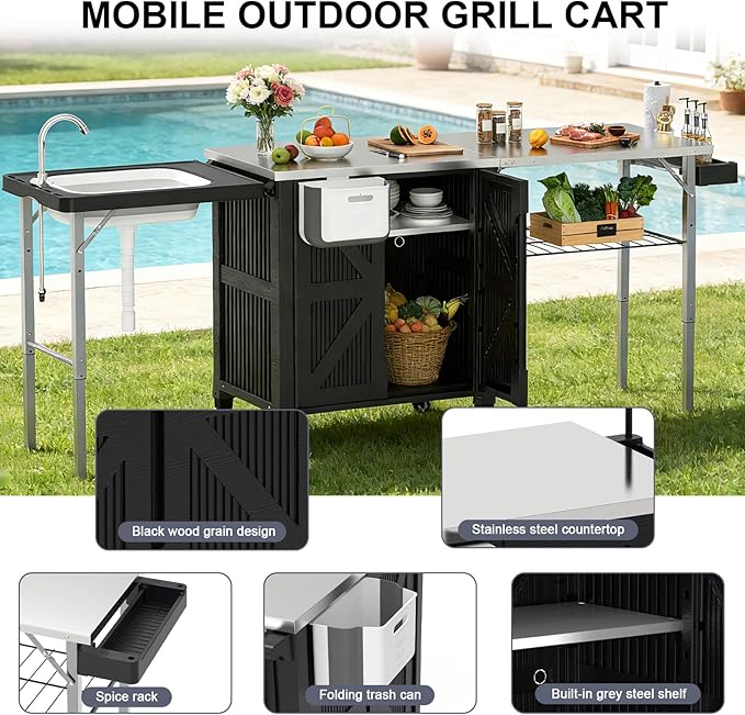 Outdoor Grill Cart with Storage Cabinet, 3-in-1 Movable Kitchen Island with Stainless Steel Tabletop, 4 Swivel Wheels, Foldable Sink Rolling Bar Table Cart BBQ Food Prep Station for Patio, Black