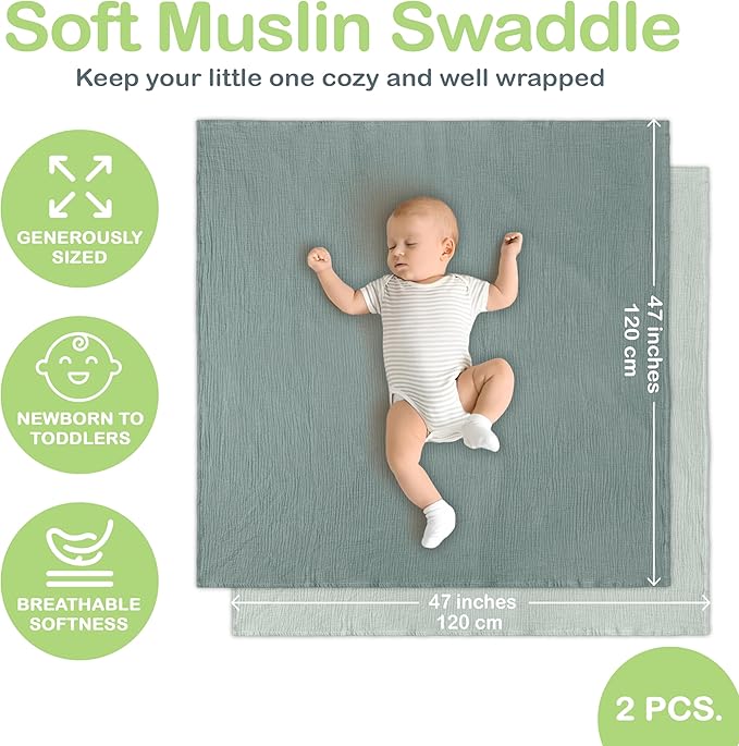 Organic Cotton Muslin Baby Blanket - 47x47 Inch Breathable Swaddle, Hypoallergenic Double-Layer, Versatile Use (Green/Mint Green, 47x47 Inch)