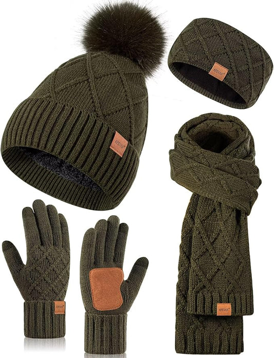 Womens Winter Hat Gloves Scarf Headband Set, Pom Pom Beanie Long Scarf Touchscreen Gloves Ear Warmer, 4 in 1 Warm Gift Set