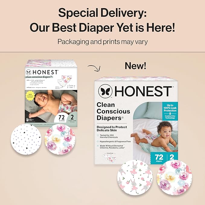 The Honest Company Clean Conscious Diapers for Delicate Skin Up to 100% Leakproof Hypoallergenic Fragrance-Free Baby Girl Prints Club Box Size 2 (12–18 lbs) 72 Count (Prints May