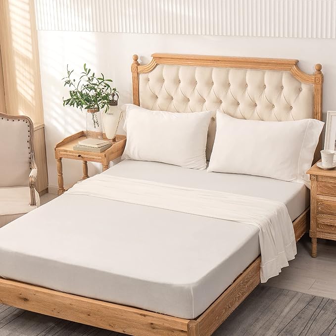 PURE ERA Jersey Knit 4pc Bed Sheet Set 100% T-Shirt Cotton Super Soft Comfy Breathable Fits Mattress Up to 20" Extra Deep Pocket (Solid Off White, King)