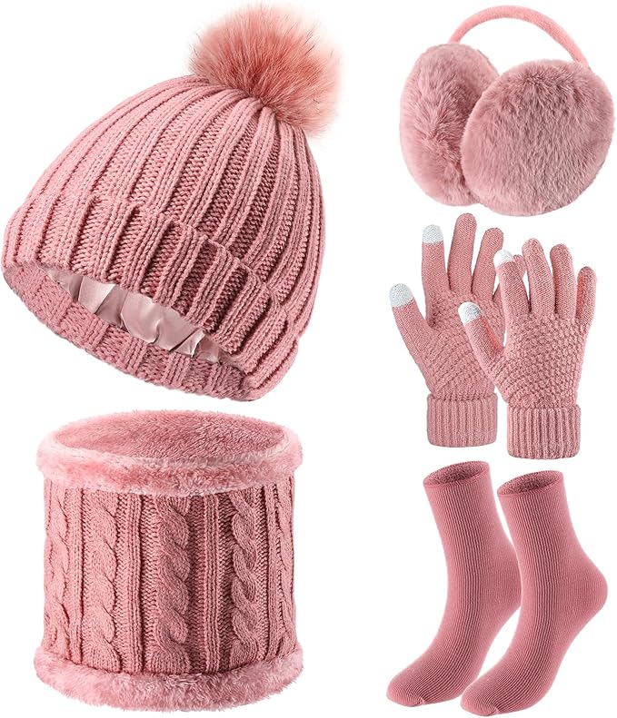 SATINIOR 5 Pcs Winter Satin Lined Hat Scarf Gloves Set Knit Pompom Beanie Warm Touchscreen Glove Earmuff Ear Warmer for Women