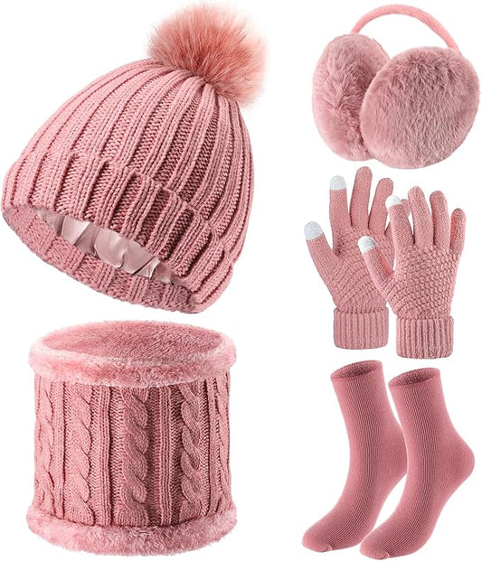 SATINIOR 5 Pcs Winter Satin Lined Hat Scarf Gloves Set Knit Pompom Beanie Warm Touchscreen Glove Earmuff Ear Warmer for Women