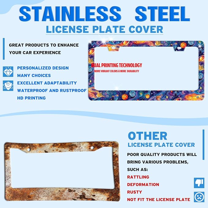 Galaxy Planet Universe License Plate Frame Stainless Steel 6.3 X 12.2 Inch | Fits US Standard With Screws Rust Resistant For Car Front Rear Decoration Accessories Easy Installation For Cars SUV Truck