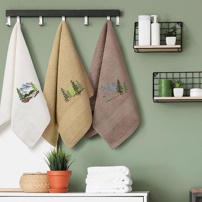 3 Pcs Mountain Hand Towels Farmhouse Decorative Bathroom | Towels Set 13. 3 x 29. 5'' Pine Trees Lodge Lake, Embroidered 100% Cotton for Home Bathroom Kitchen Decor