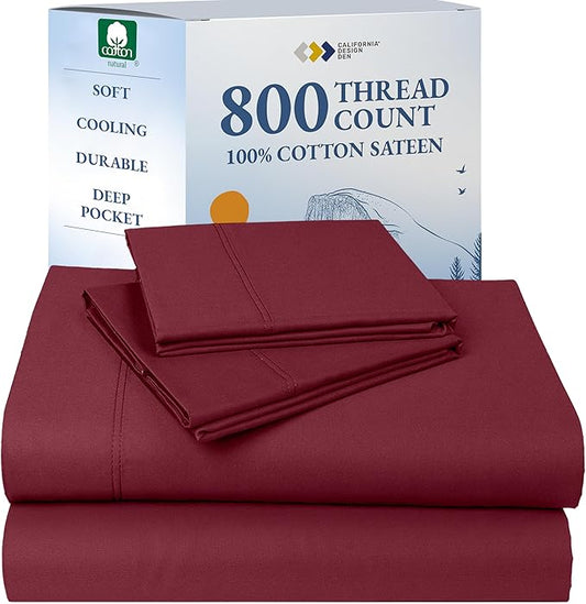 California Design Den Natural 100% Cotton Sheets King Size Deep Pocket Set - Luxury Hotel 800 Thread Count Sateen, King Size Sheets Set, Snug Fit and Durable Bedding - Red Wine