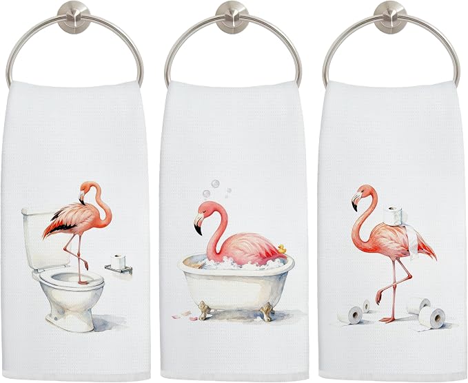 Funny Flamingo Bathroom Hand Towels, Flamingo Lover Gifts, Humor Bathing Flamingos Animal Decorative Hand Towels for Bathroom Washroom Restroom, 16x24 Inch Set of 3