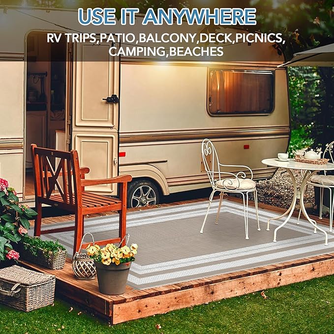 Outdoor Rug 8x10 Waterproof Patio Rugs Modern Border Reversible Mat for Front Door Rv Foldable Plastic Straw Carpet for Travel Trailers, Deck, Picnic, Camper, Balcony, Beach，Light Brown
