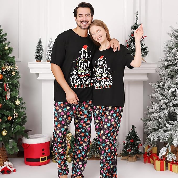 Christmas Pajamas for Family Matching Holiday PJ's Jammies Sets with Short Sleeve Tee and Pants Sleepwear Loungewear
