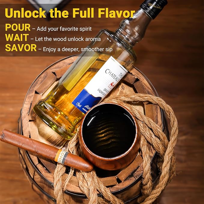 2PCS Charred Wooden Whiskey Glass – Handcrafted Solid Wood Tumbler for Men | Unique Whiskey Gifts | Natural Grain, Flame-Finished Bourbon Glass,Fathers Gifts For Dad，Him，Husband