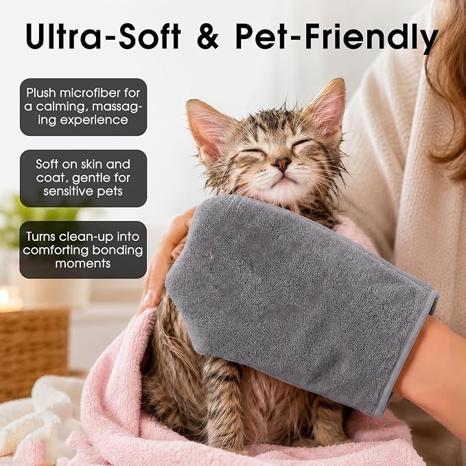 A Pair of Microfiber Reusable Pet Grooming Towel Gloves, Machine-Washable Double-Sided Bath Mitts, Dirt & Odor Removal Cleaner for Dog and Cat Paws & Coat (Grey)