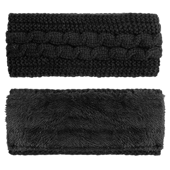 AQOKKA Knit Winter Headbands for Women Fuzzy Wool Fleece Lined Ear Warmers Elastic Turban Crocheted Head Wrap Winter Accessories for Women Cold Weather