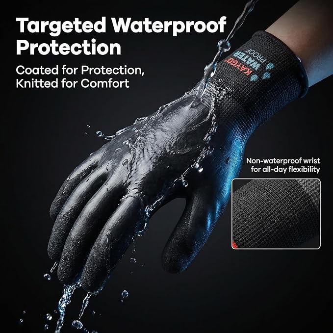 KAYGO Waterproof Work Gloves for Men and Women, Rubber Coated Non-slip Working Gloves for Garden, Outdoor Construction,KG150,Black,M
