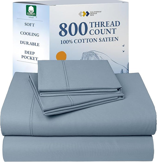 California Design Den Luxury 100% Cotton Sateen - Buttery Soft 800 Thread Count King Bed Sheet Set, Durable Deep Pocket Bedding (Blue)